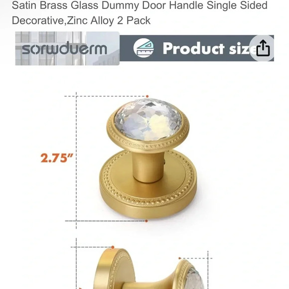 BNIB Crystal Dummy Door Knobs (2-Pack) Brass and Crystal - Picture 7 of 9